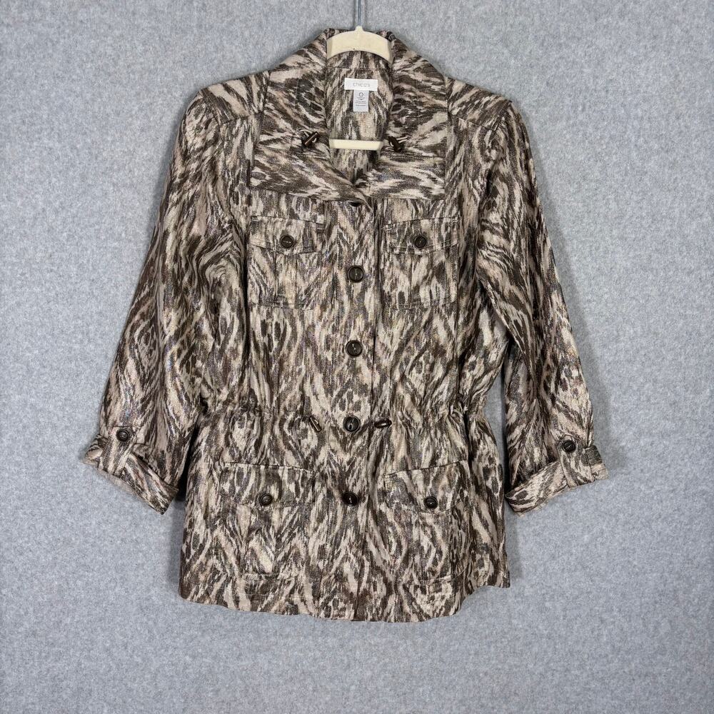 Chicos Metallic Snake Print Jacket Coat Sz S Utility Military Linen Cotton Artsy
